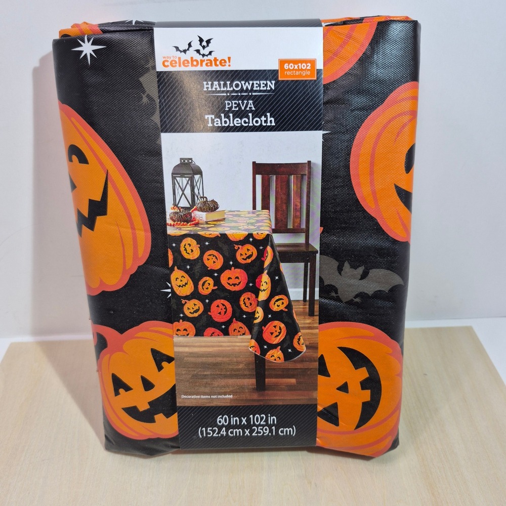 Way To Celebrate Halloween PEVA Tablecloth Jack-O-Lantern Bats Black 60x102 Rect